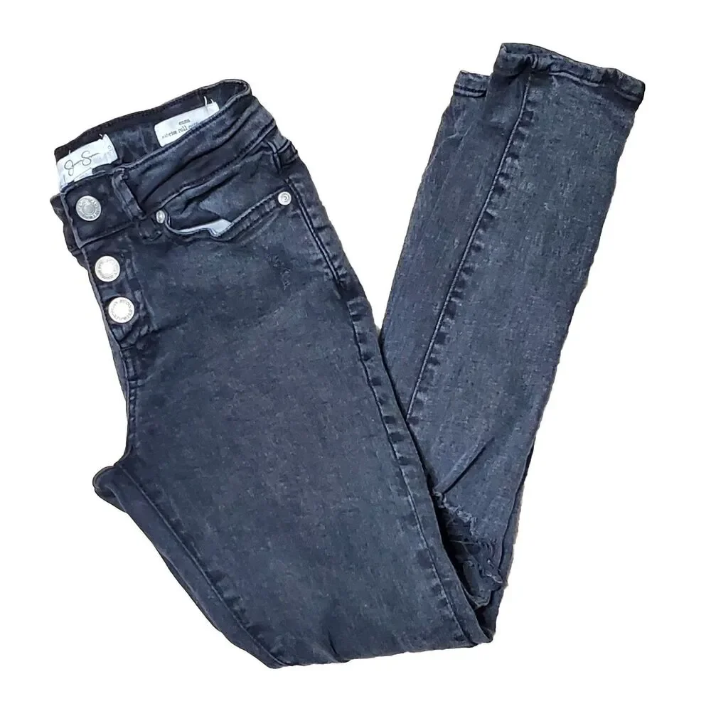 Jessica Simpson Girls Sz 10 Mid-Rise Emma Destructed Skinny Jeans Black Wash